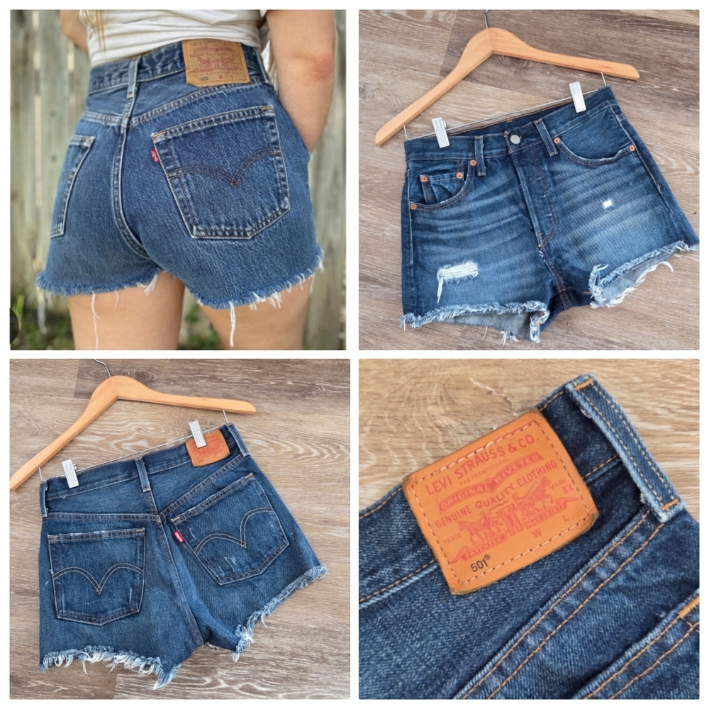 Levi's 501 XX High Rise Button Fly Denim Jean Shorts Distressed Fringed Frayed